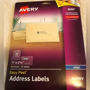 Avery 8660 Easy Peel Address Labels Inkjet 1x2-5/8” Clear Open Box 23of25Sheets